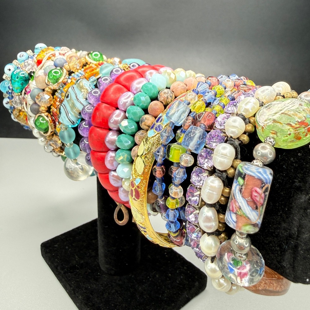 Estate Bracelet Lot Multicolor Glass Plastic Stone Beaded Bangle Eclectic Boho